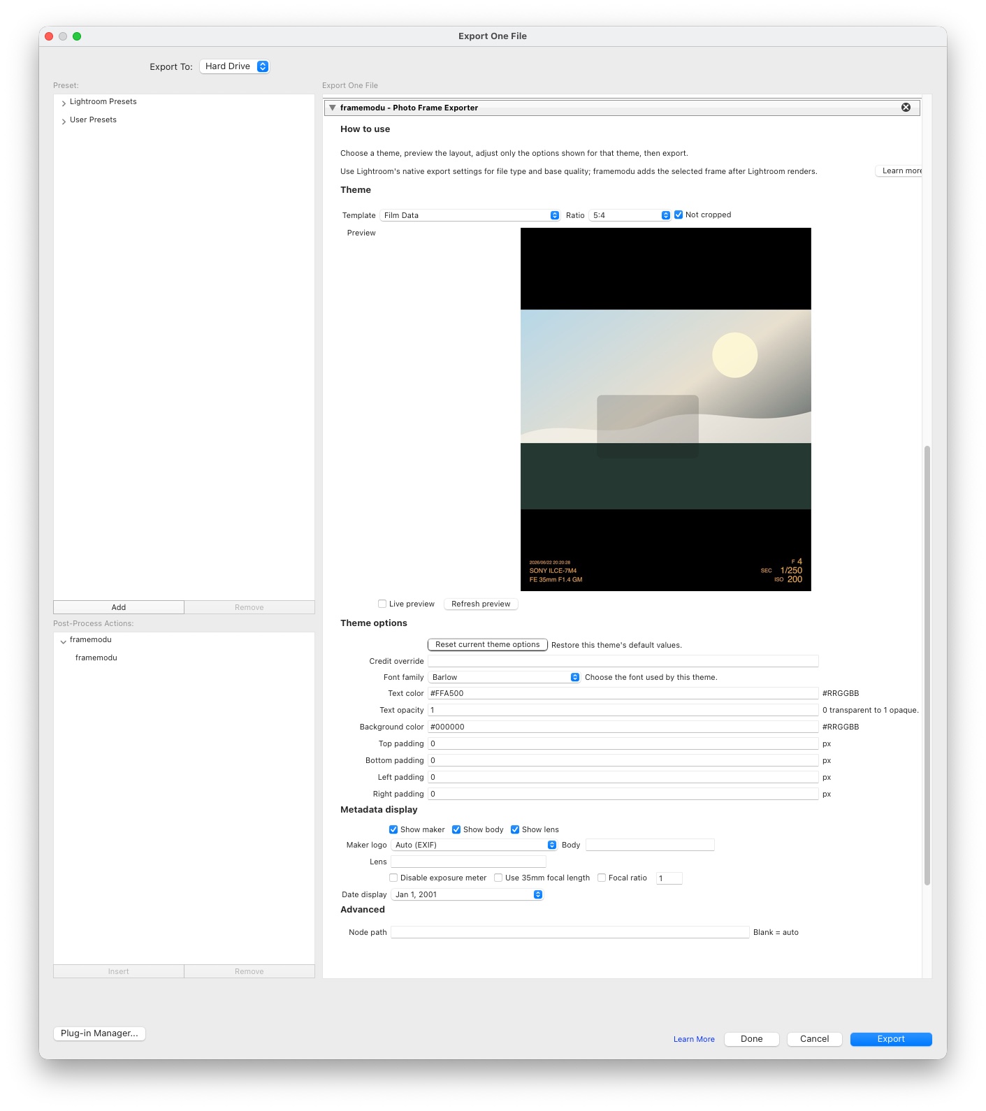 The Export dialog should show the framemodu panel before you run a full batch.